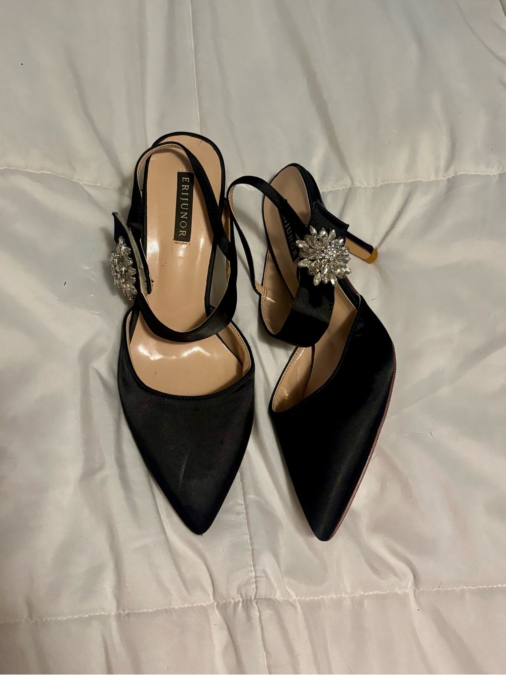 ERIJUNOR Black Satin Pointed Slingback Heels with Crystal Brooch